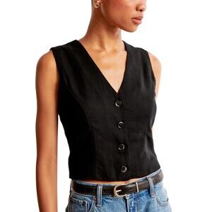 NWOT Women's Abercrombie & Fitch Black Mara Linen-Blend Vest Summer Top - Large